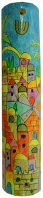 Large Wooden Mezuzah Holder Jerusalem in Yellow