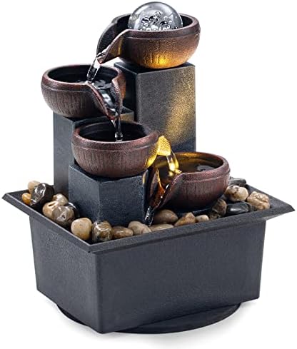 AMOOTEK Tabletop Fountain 4 Level Waterfall with LED Lights and Natural River Rocks