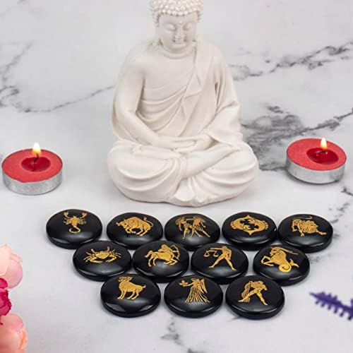 Crocon Black Agate Zodiac Symbols Stones Set of 12 for Reiki Healing