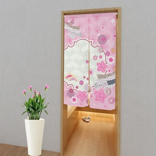 Traditional Japanese Noren Curtain Pink Flowers 335x709 Inch