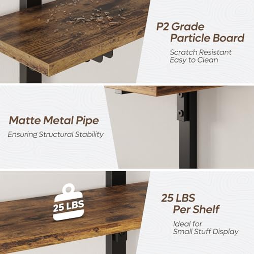 Bestier Floating Wall Shelves 3 Tier Foldable Industrial Brown