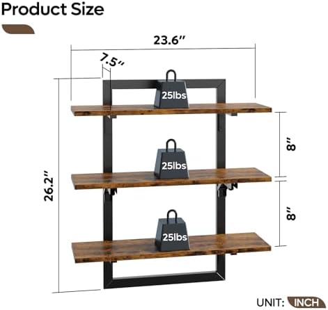 Bestier Floating Wall Shelves 3 Tier Foldable Industrial Brown
