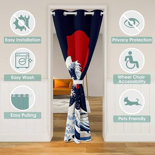Japanese Wave Door Curtain 42x80 Inch Ocean Style Panel