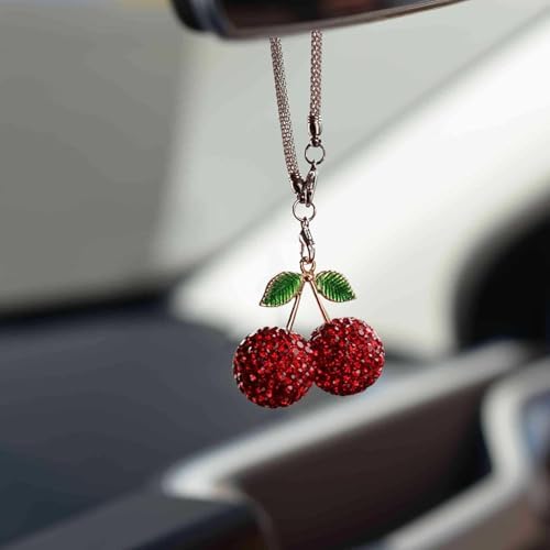 Sparkling Cherry Car Charm with Rhinestones and Leaves