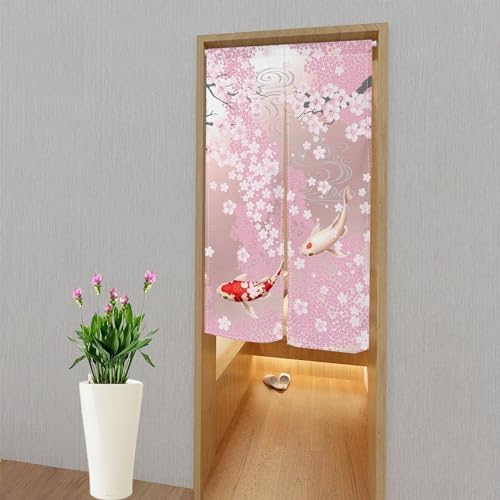 Japanese Pink Cherry Blossom Koi Noren Curtain 335x709