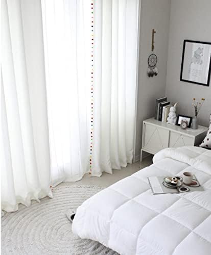 INDACORIFY White Cotton Curtains with Pom Pom Tassels Set of 2