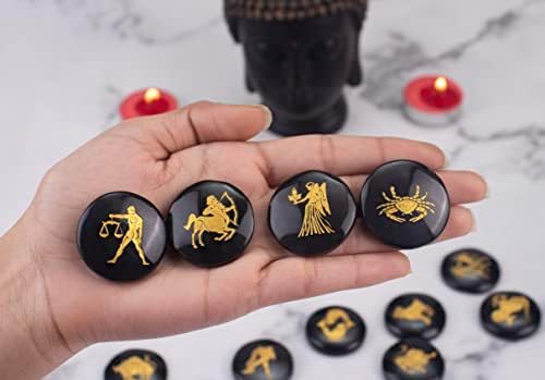 Crocon Black Agate Zodiac Symbols Stones Set of 12 for Reiki Healing
