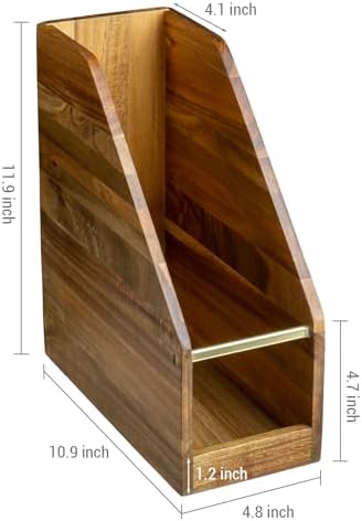 MyGift Premium Hotel Series Acacia Wood Magazine Holder with Brass Tone Metal Accent