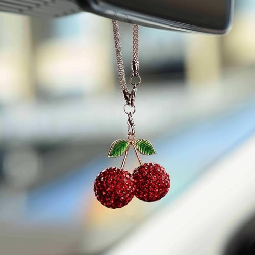 Sparkling Cherry Car Charm with Rhinestones and Leaves