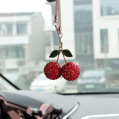 Sparkling Cherry Car Charm with Rhinestones and Leaves