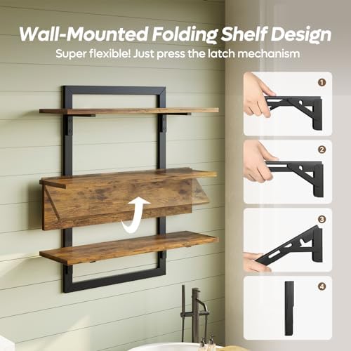 Bestier Floating Wall Shelves 3 Tier Foldable Industrial Brown