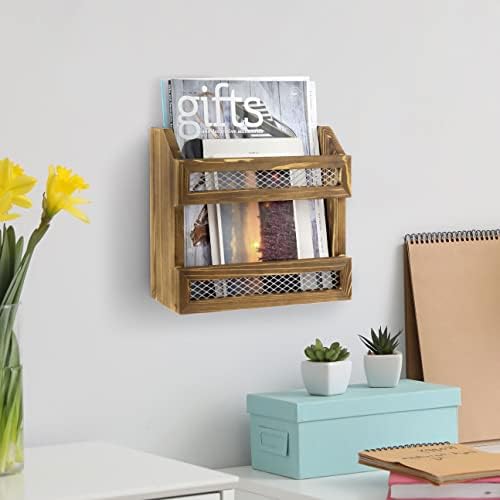 MyGift Rustic Burnt Wood Magazine Holder with Chicken Wire Rail