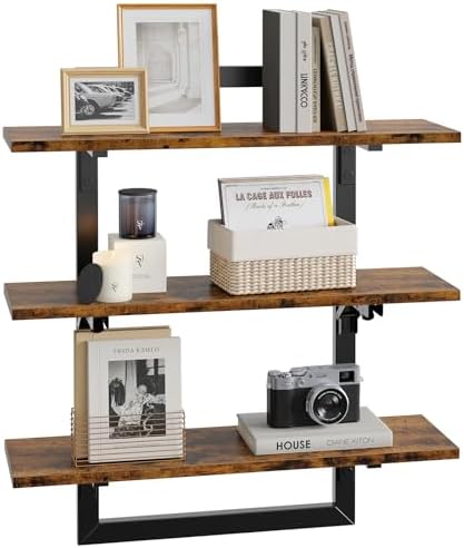 Bestier Floating Wall Shelves 3 Tier Foldable Industrial Brown