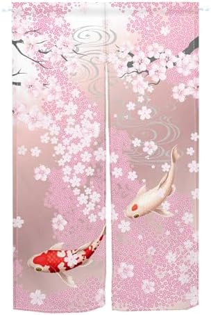 Japanese Pink Cherry Blossom Koi Noren Curtain 335x709