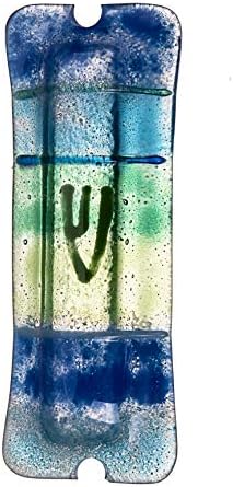 Glass Mezuah Blue Green Shin Blue Lines Wall Mezuzah