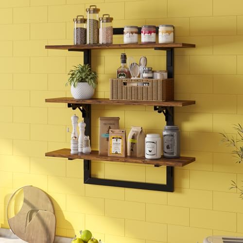 Bestier Floating Wall Shelves 3 Tier Foldable Industrial Brown