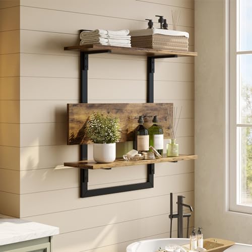 Bestier Floating Wall Shelves 3 Tier Foldable Industrial Brown