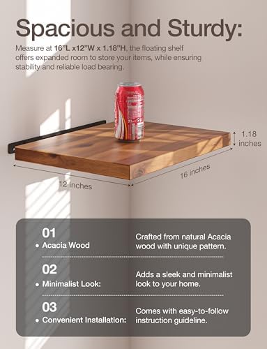 BATODA 16x12 Acacia Wood Floating Shelf Wall Mount