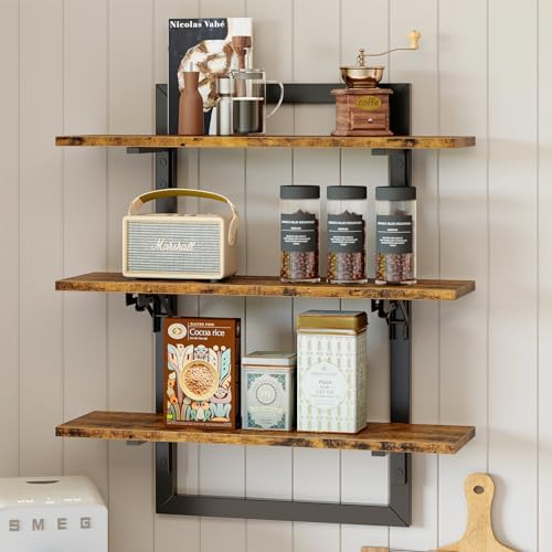 Bestier Floating Wall Shelves 3 Tier Foldable Industrial Brown
