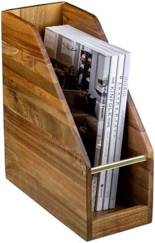 MyGift Premium Hotel Series Acacia Wood Magazine Holder with Brass Tone Metal Accent