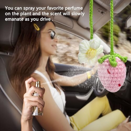 LB 2PCS Crochet Strawberry Flower Car Hanging Ornament