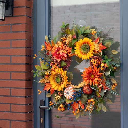 24 Inch Fall Wreath with Pumpkins and Maple Leaves