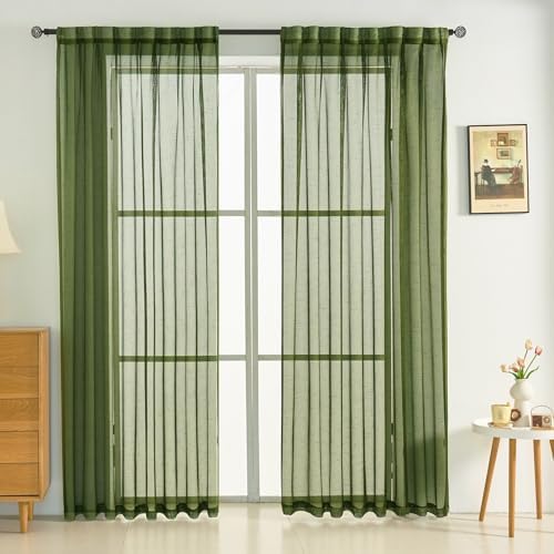 Olive Green Sheer Curtains 84 Inches 2 Panels