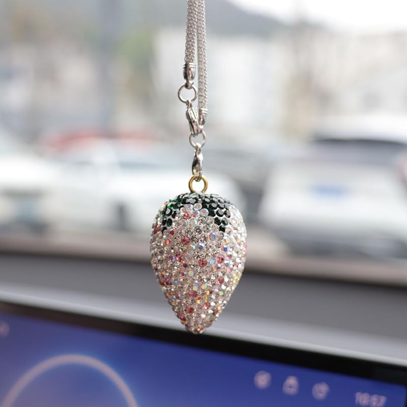 Sparkling Strawberry Car Charm Red and Light Blue Crystal Mirror Pendant