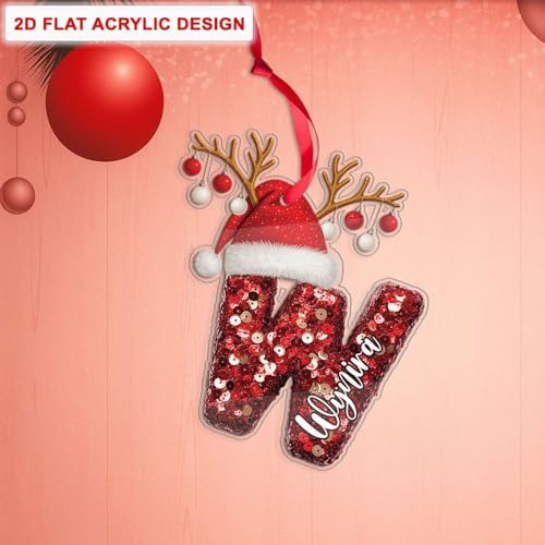 Personalized W Acrylic Ornament with Santa Hat Design