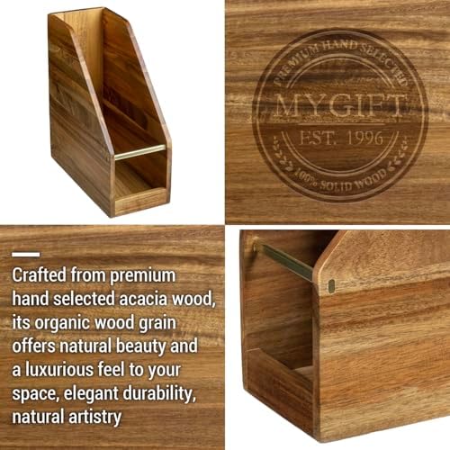 MyGift Premium Hotel Series Acacia Wood Magazine Holder with Brass Tone Metal Accent