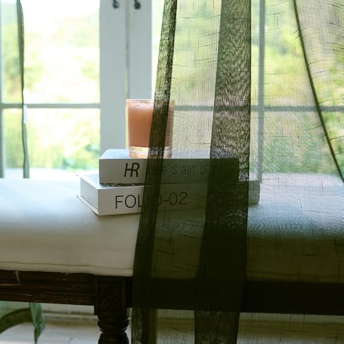 Olive Green Sheer Curtains 84 Inches 2 Panels