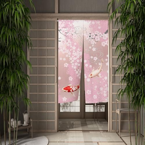 Japanese Pink Cherry Blossom Koi Noren Curtain 335x709
