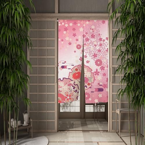 Japanese Pink Bloomy Flower Door Curtain Panel
