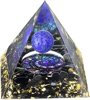 Lapis Lazuli Crystal Sphere Orgonite Pyramid with Obsidian Stones and Snail Symbol