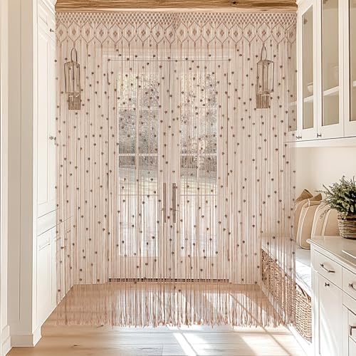 BECHAEO Boho Macrame Beaded Curtain with Wooden Beads Set of 2