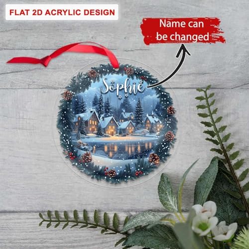 Custom Name Winter Village Scene Acrylic Ornament
