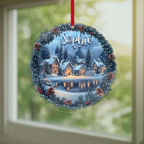 Custom Name Winter Village Scene Acrylic Ornament