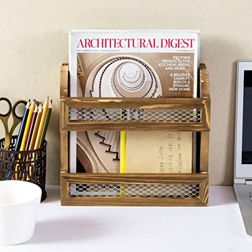 MyGift Rustic Burnt Wood Magazine Holder with Chicken Wire Rail