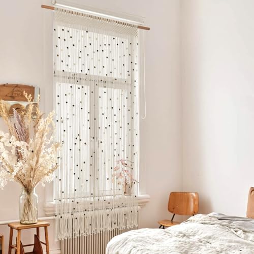 BECHAEO Boho Cotton Macrame Beaded Curtain 2 Panels 79x35