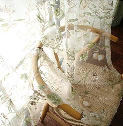PureAqu Rod Pocket Sheer Curtain Panel Floral Birds Design 52x84 inch