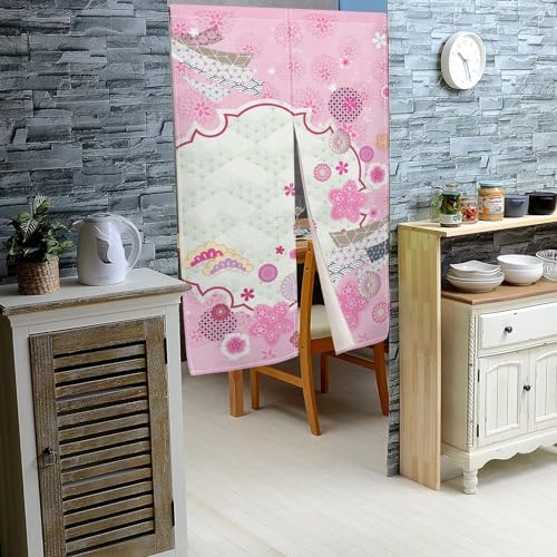 Traditional Japanese Noren Curtain Pink Flowers 335x709 Inch