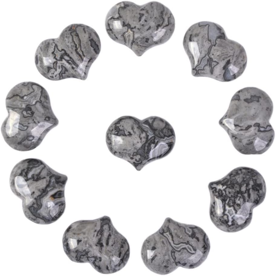 Natural Black Lace Jasper Healing Crystal Puff Hearts 1 Inch Pack of 10