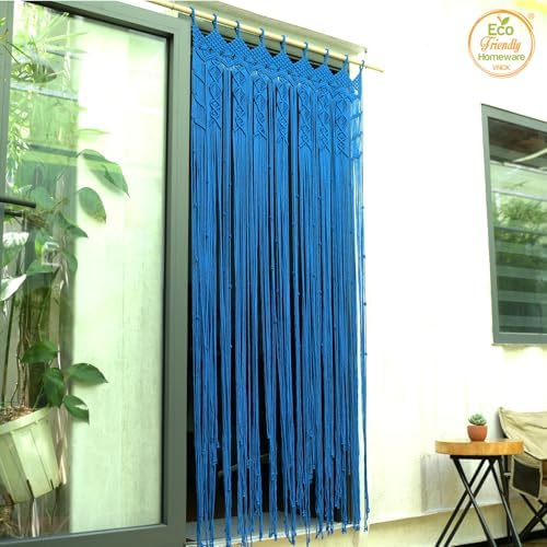 Boho Macrame Curtain with Beads - 77 x 35 Blue