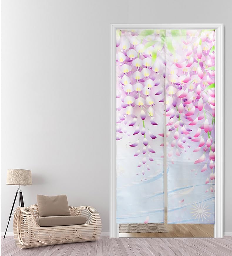 Noren Japanese Style Doorway Curtain with Wisteria Flowers Print