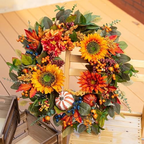 24 Inch Fall Wreath with Pumpkins and Maple Leaves