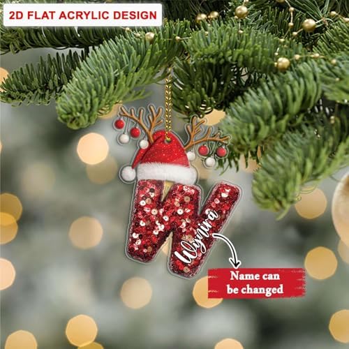 Personalized W Acrylic Ornament with Santa Hat Design