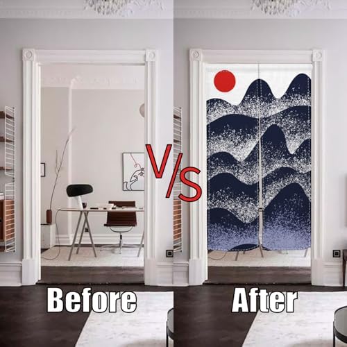 Traditional Japanese Noren Door Curtain with Sunset Mountain Design