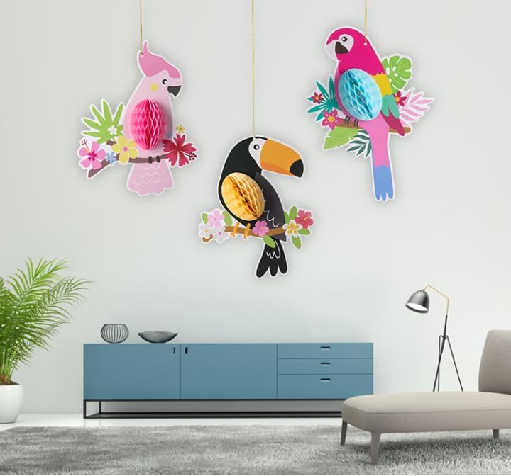 12PCS Tropical Honeycomb Decorations with Bird Parrot Cactus Pineapple