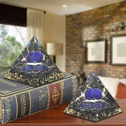 Lapis Lazuli Crystal Sphere Orgonite Pyramid with Obsidian Stones and Snail Symbol