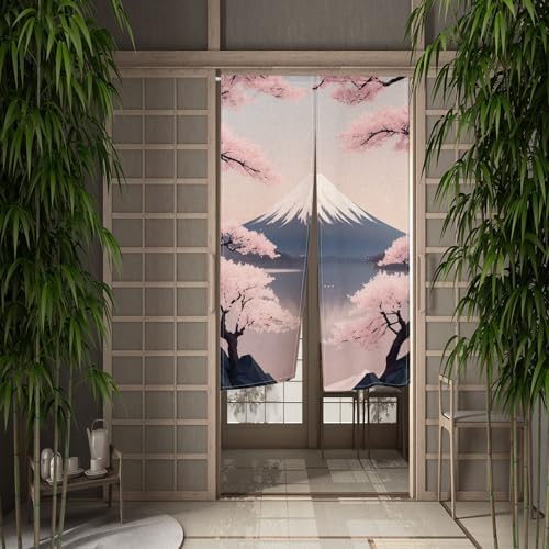 Leowefowa Japanese Noren Door Curtain Panel Fuji Mountain Pink